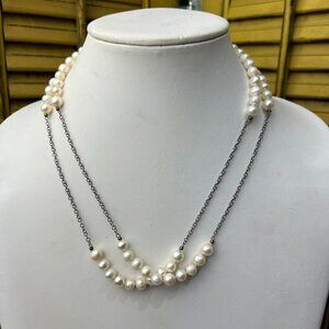 Sterling and Genuine Pearl Long Layering Necklace